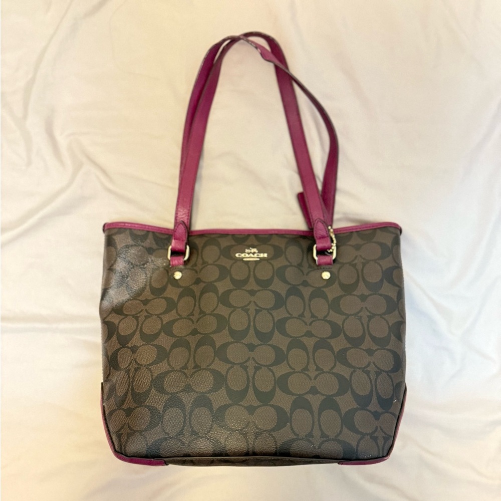 Coach Signature Brown Bag with Pink Interior